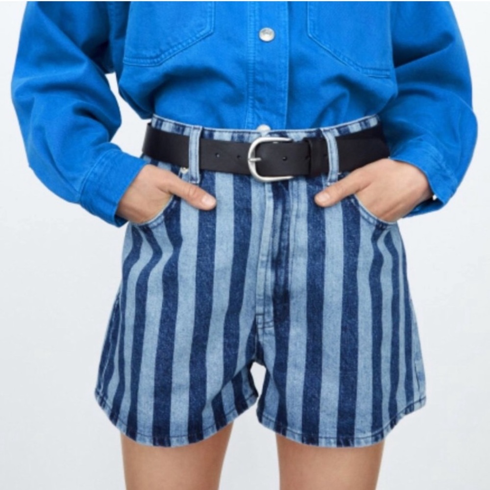 Zara High Rise Denim Striped Jean Shorts Size 4